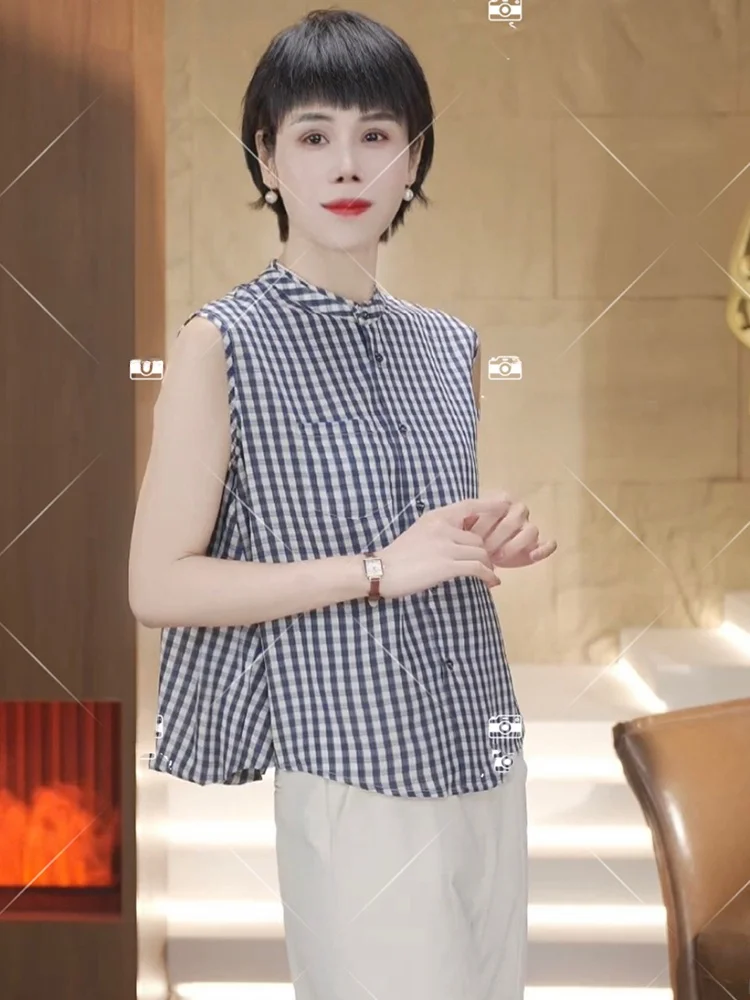 

Retro Stylish Ageless Plaid Shirt Casual Commute Slimming Sleeveless Vest Women's Summer European High-End Shirt