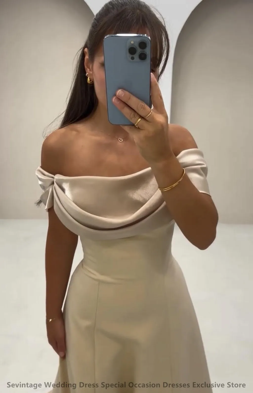 Sevintage 2025 Champagne A Line Evening Dress Off Shoulder Formal Prom Dress Dubai Party Gown Customized