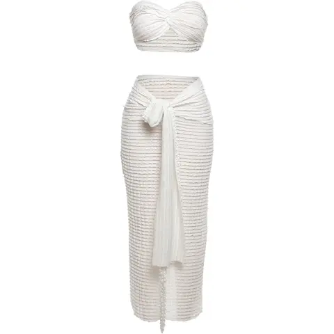 Weird Puss Elegant Women 2 Piece Set Midnight Thin Striped Knot Strapless Tops+Bandage Skirts 2023 Vacation Matching Clubwear