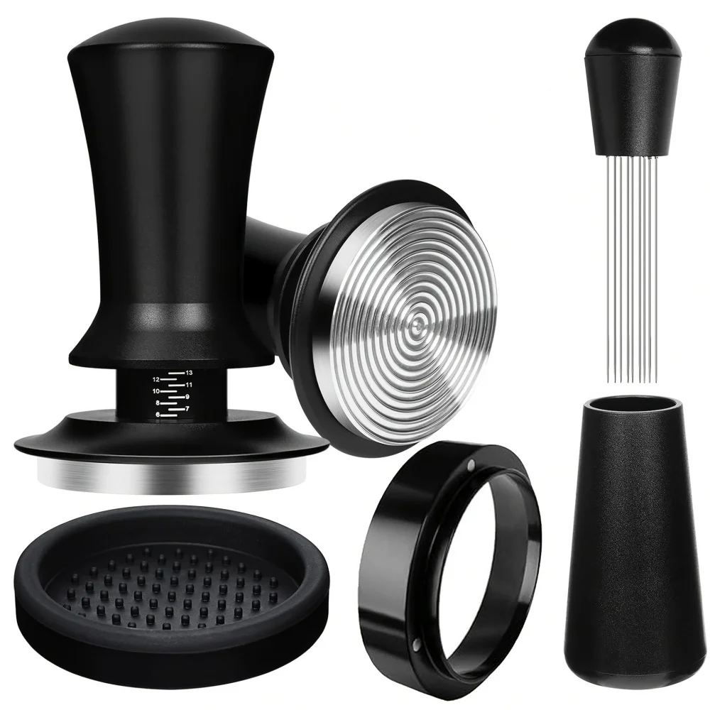 304 Stainless Steel 4Pcs Coffee Tool Set Graduated Frothing Pitcher Adjustable Tamper for Home Espresso Latte Art Daily Use