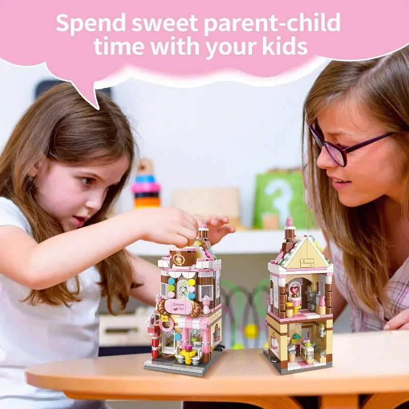 QMAN Meisjes Bouwstenen Speelgoed Droom Dessert Huis Bouwpakket Street-View Constructie Educatief Speelgoed voor Meisjes 344-delig