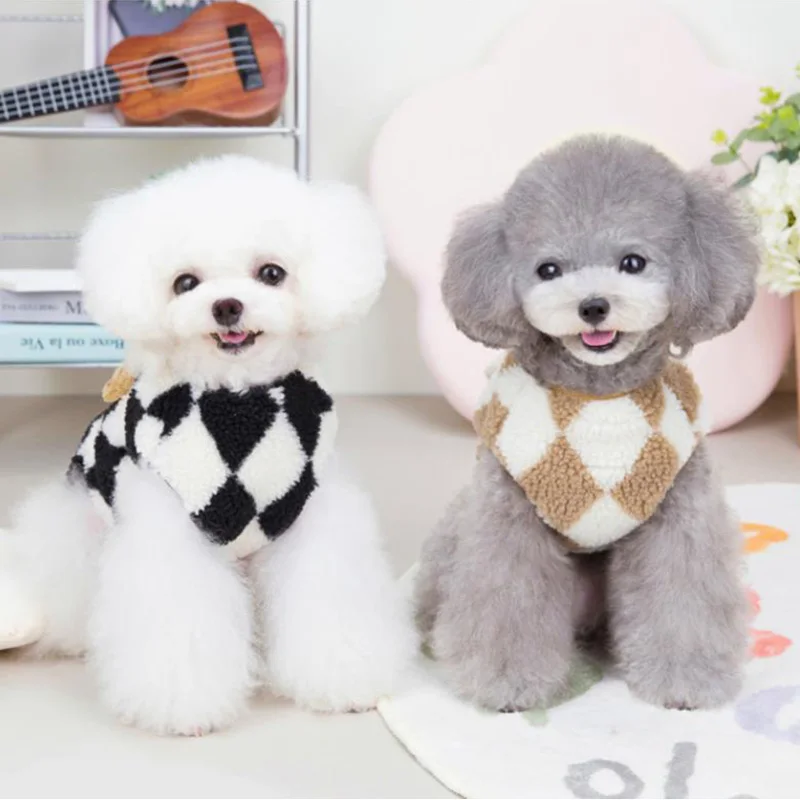 Coral Fleece Dog Vest Diamond Check Dog Clothes for Small Dogs Winter Warm Puppy Cat Jacket Chihuahua Coat Poodle Yorkie Costume