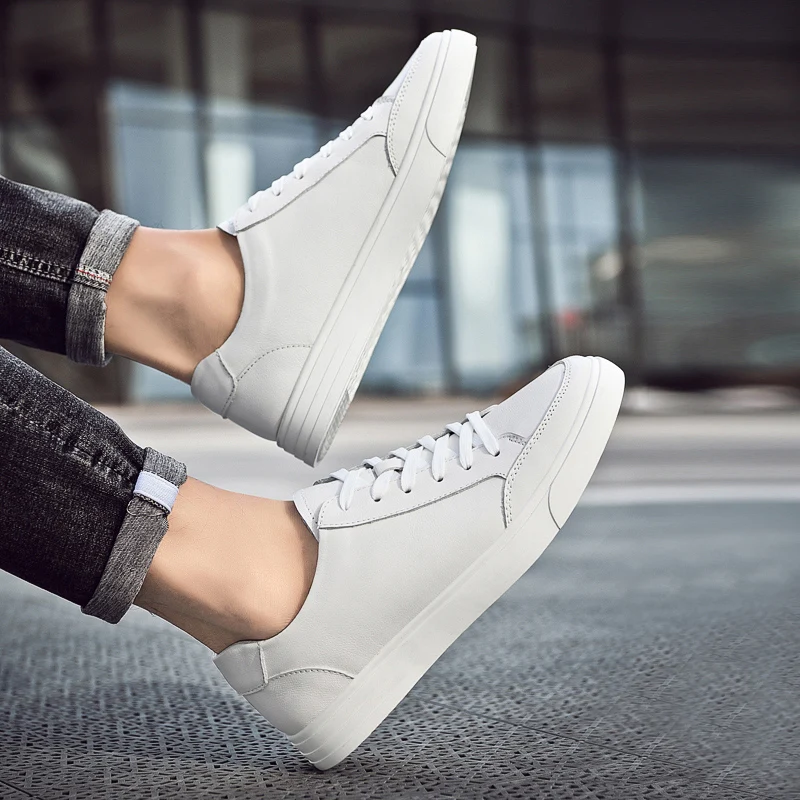 2022 Classic Men White Sneakers Soft Leather Shoes Lace-up Casual Flats Shoes Genuine Leather Men Shoes White Shoes