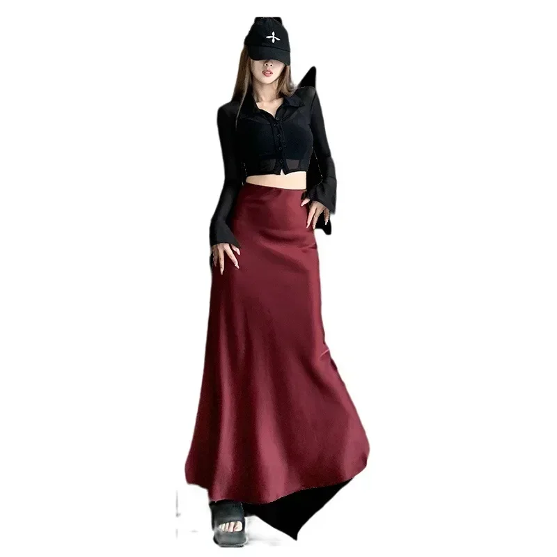 Burgundy Satin Skirt Women\'s Autumn Dress High Waist Thin Medium and Long Skirt Ruffle Edge Split Hip A-shaped Skirt