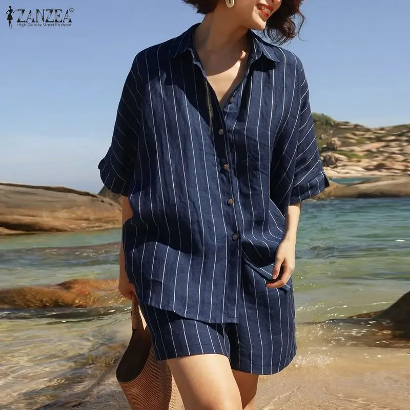 ZANZEA Fashion Summer Holiday Outfits Short Sleeve Lapel Neck Shirt Short Sets Casual Women 2 Pieces Sets Striped Work Tracksuit