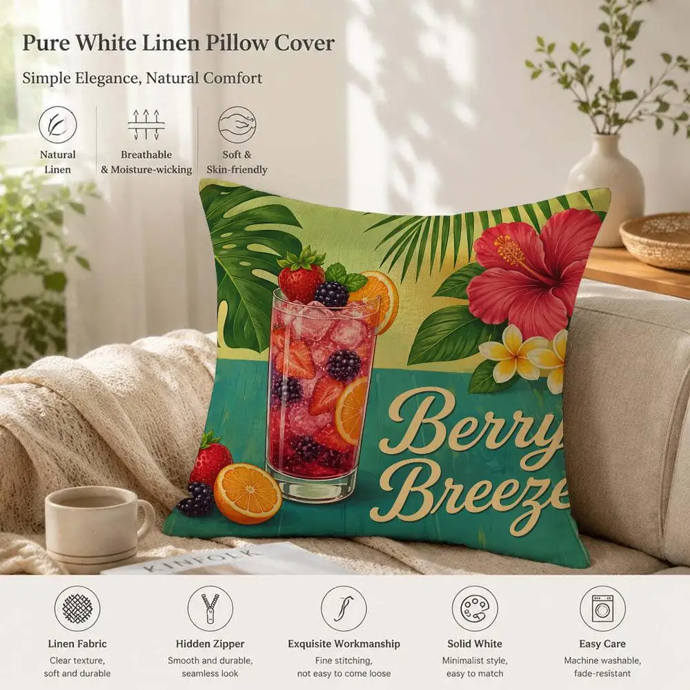 Tropical Style Cocktail Pattern Cushion Cover Natural Linen Pillow Case Organic Fabric Double Sided Print Sofa Home Decor Gift