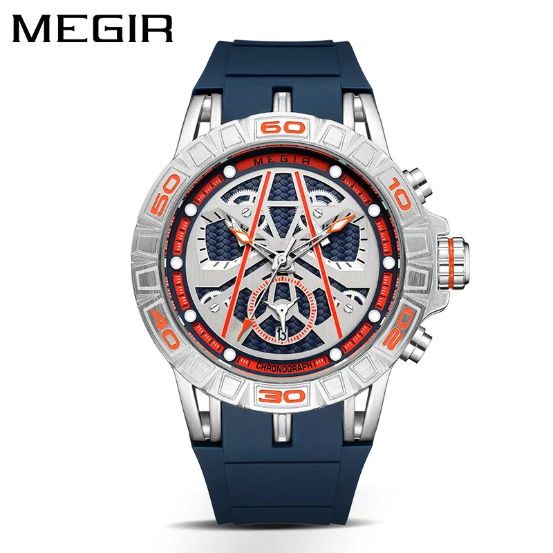 MEGIR 8110 Men Quartz Watch Luxury Creative Outdoors Calendar Chronograph Waterproof Analog Display Silicone Strap Male Watches