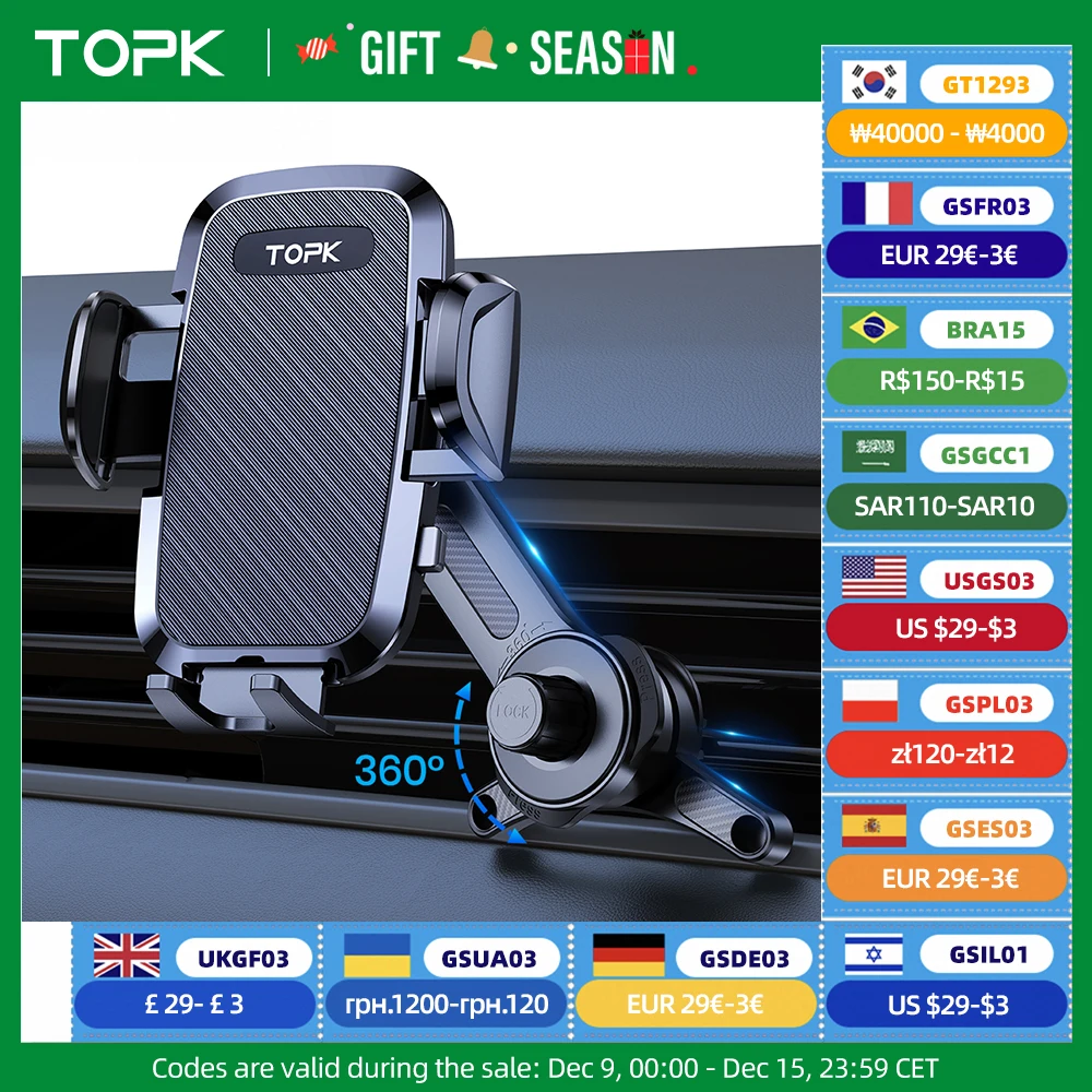 TOPK Car Phone Mount Holder, 3-Point Support 360° Rotating Extended Arm Metal Hook Superior Stability Phone Holder for Car Cars