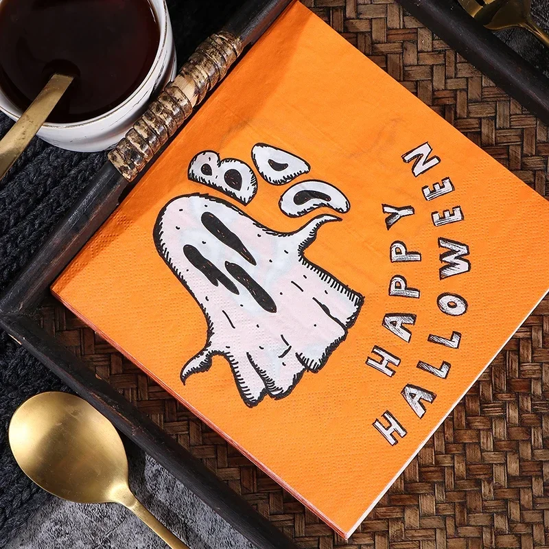 20pcs 33*33cm 2-Ply Yellow Spooky Napkins Halloween Elements Wood Pulp Paper Placemats Party Decoration Paper Napkins