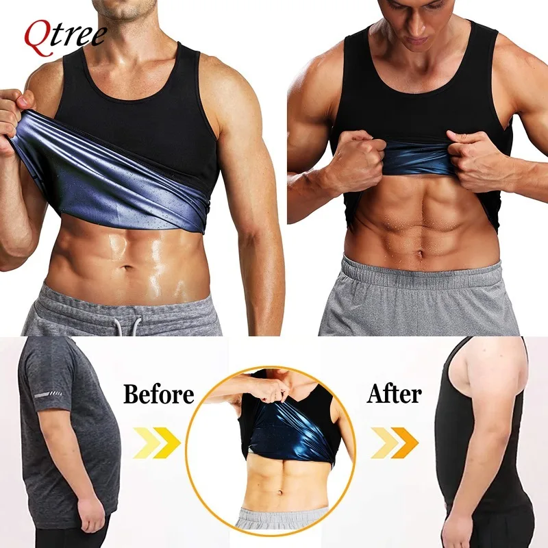 Qtree Sweat Sauna Vest Mens Body Shaper Compression Workout Suit Fat Burning Shirt Belly Slimming Weight Loss Waist Trainer Tops