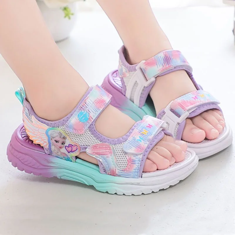 

Disney Children Shoes Summer Elsa Girls Mesh Beach Sandals Fashion Frozen Princess Soft Bottom Light Peep Toe Sandals Size 26-37
