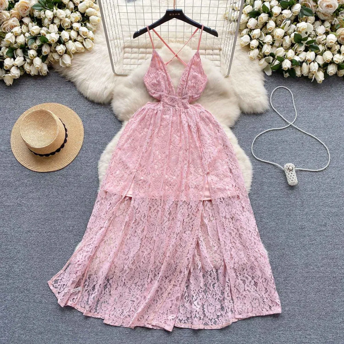 

Pink White Luxury Lace Holiday Dress Women Party Dresses Hollow Out Backless Bandage Slim Long Dress Design Sexy Evening Dresses