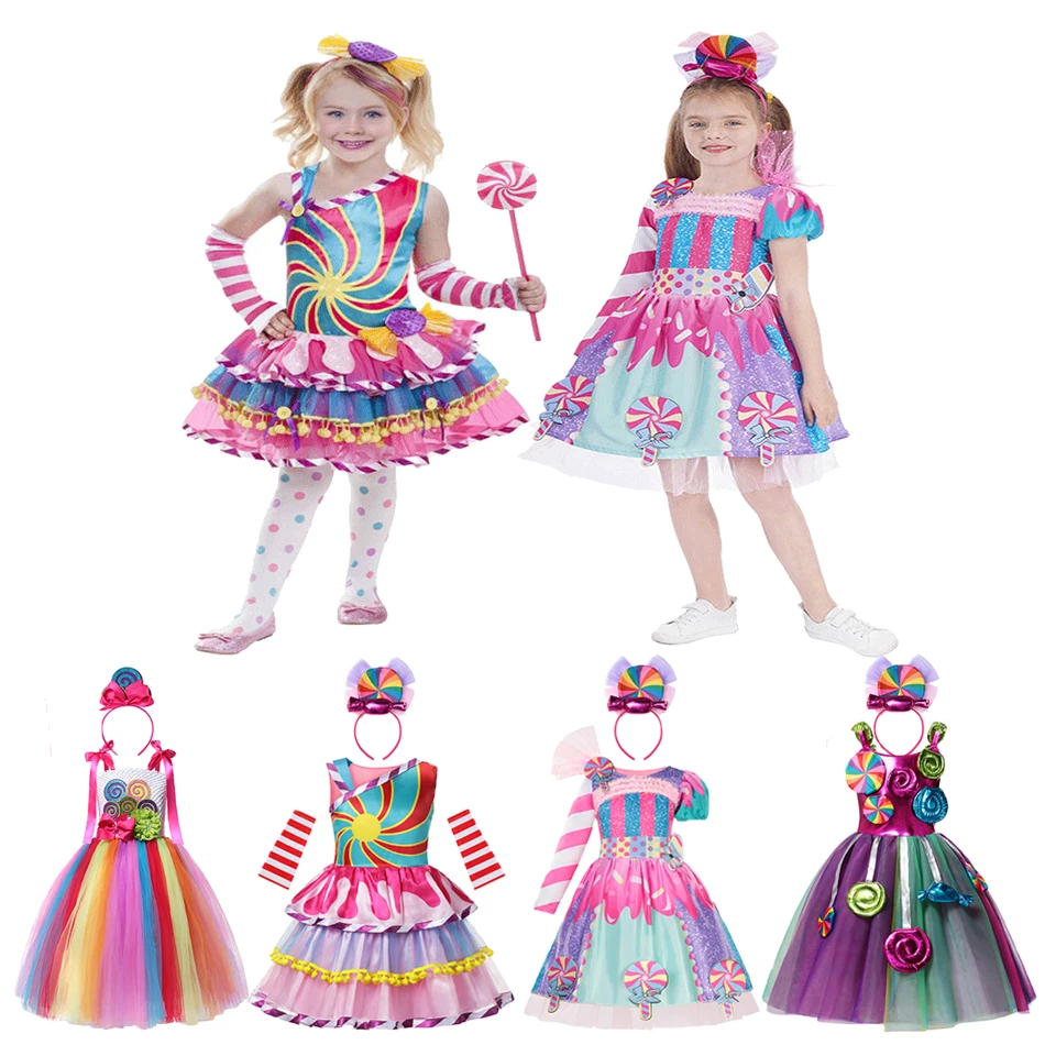 

Baby Girl Rainbow Candy Dress With Headband Sleeveless Tutu Cosplay Costume For Kids Birthday Party Children Clothing To 2-12T