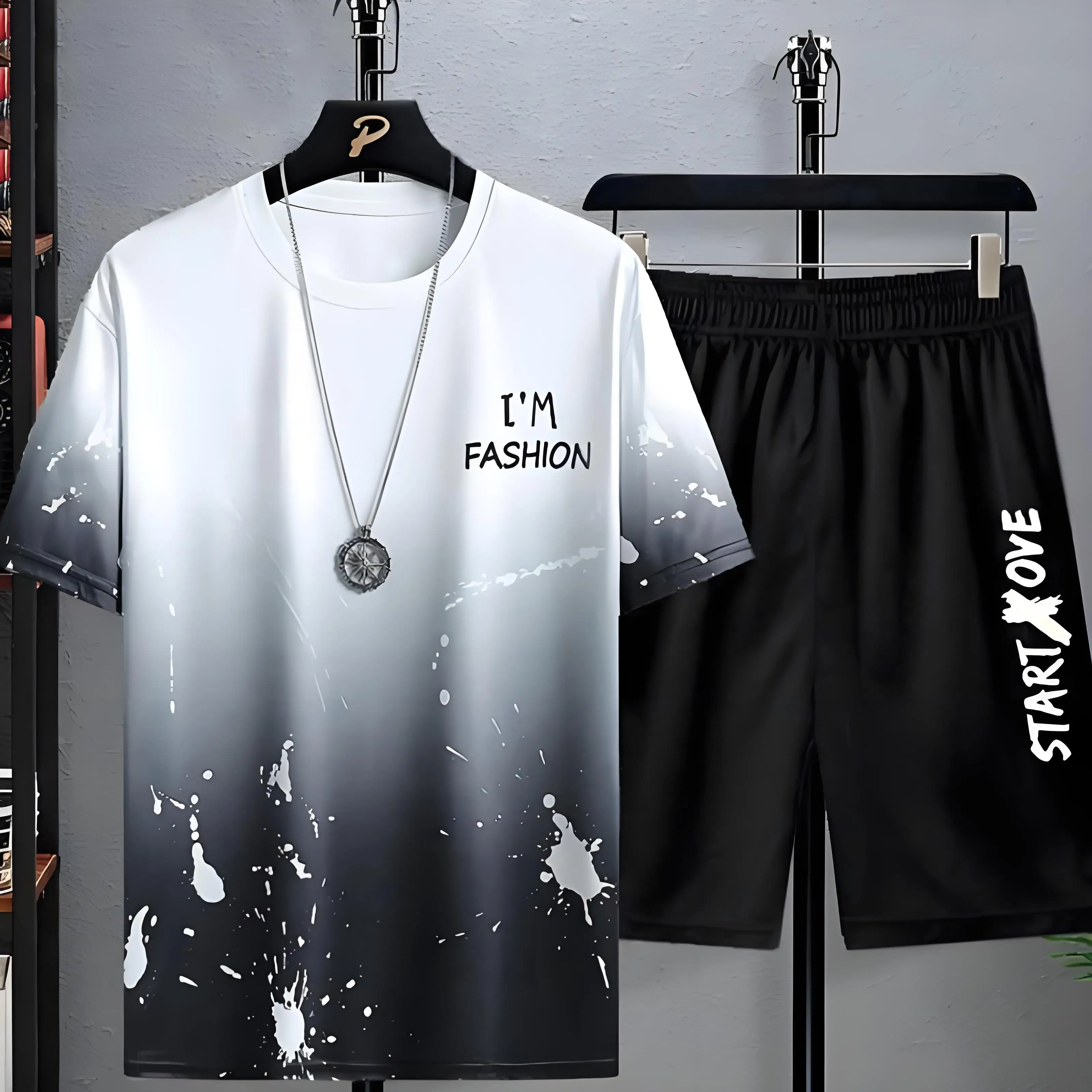 Gradient สี Graffiti แขนสั้น Tee และกางเกงขาสั้นชุดลําลองผู้ชายกีฬาเสื้อยืดกางเกงขาสั้นเอวยางยืดชุด 2 ชิ้น