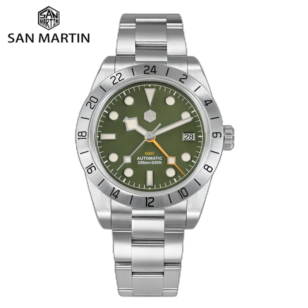 

San Martin 39mm BB NH34 GMT Watch Automatic For Men Wristwatch Bracelet Luxury Applied Markers Logo 3H Date часы 10Bar SN0054-C