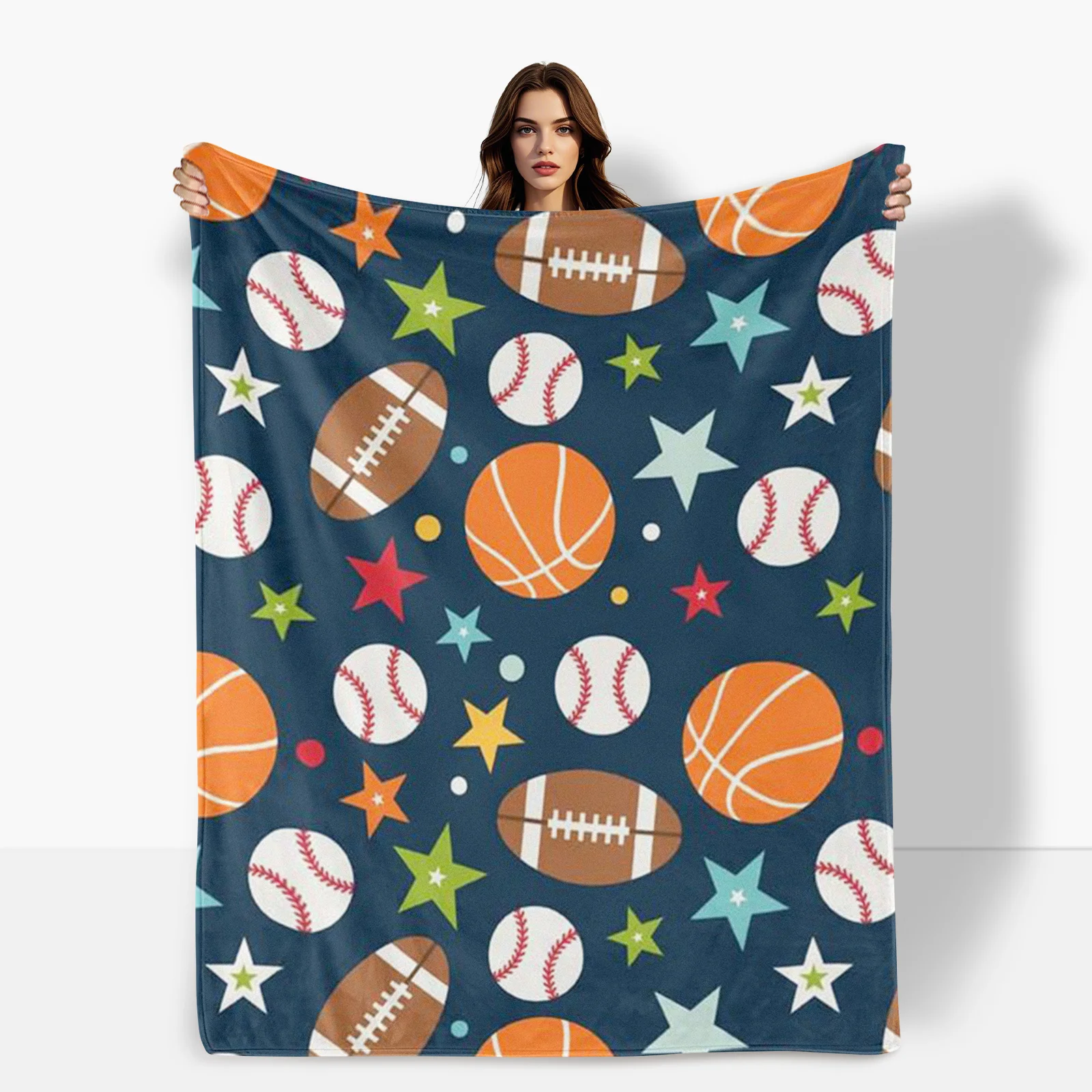 Star Patterned Sports Blanket With Basketball And Rugby Ball Design For Fans And Modern Home Decor Essentials For Sports Lovers