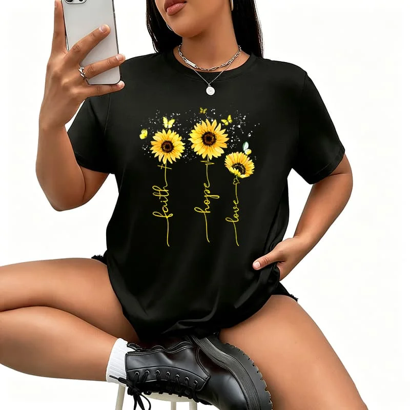 Christian for Women Sunflower Faith Hope Love.jpg Women's T-Shirt 100% Cotton Funny Graphic Short Sleeve Tee Novelty Shirt Casual Crew Neck Top S-84XL
