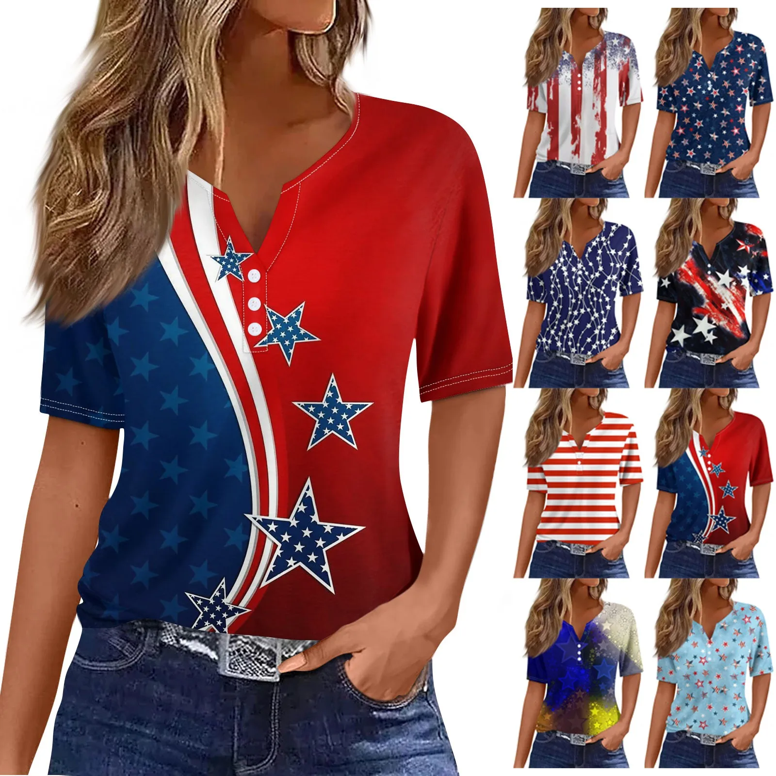 Summer V Neck Button Tops 2024 Women Fashion Independence Day Printed T-Shirts Casual Short Sleeve Party Holiday Top Tees