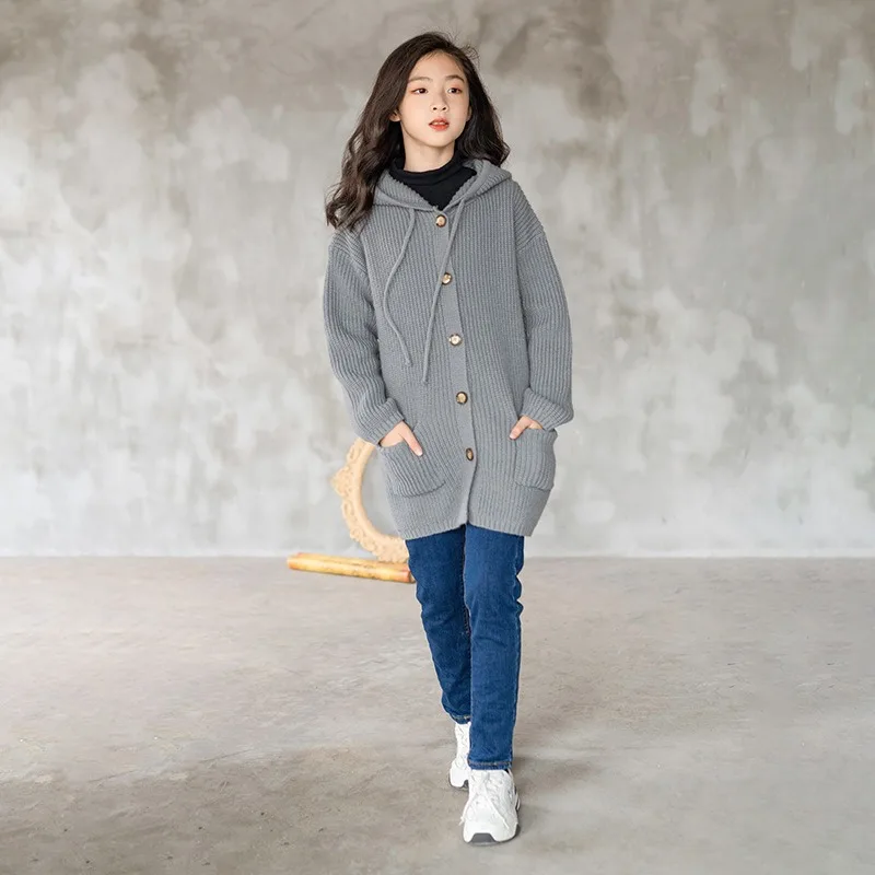 

New Girls Autumn Spring One Piece Sweater Knit Cost Long Unhooded Loose Al-match Fashion Outdoor