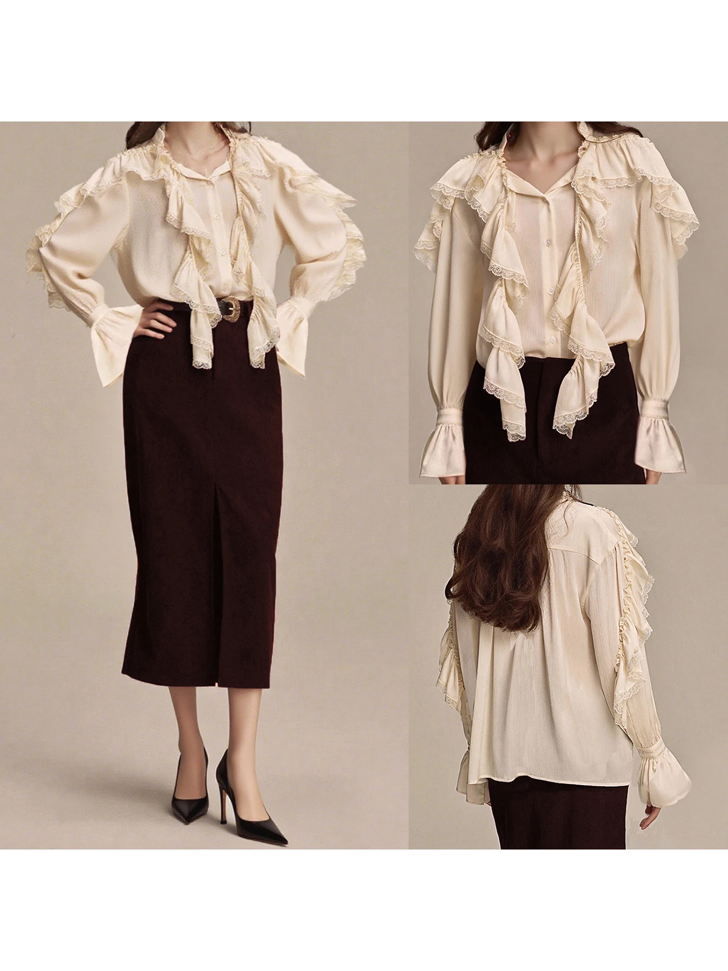 

Женская блузка с длинным рукавом из нежного кружева с рюшами спереди и пуговицами спереди — стильный однотонный топ для работы или выходных