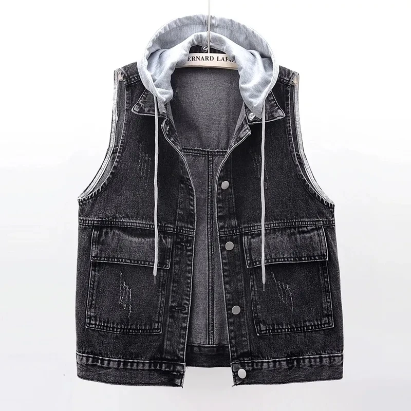 Spring and Autumn Versatile Hooded Cowboy Vest Women's Korean Version Loose Vest Shoulder Casual Jacket Top Woman Outerwear