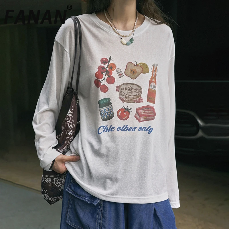

FANAN повседневная солнцезащитная футболка с принтом для женщин, круглый вырез, длинный рукав, минимализм, свободные топы, женская одежда, новинка лета 2023 г.