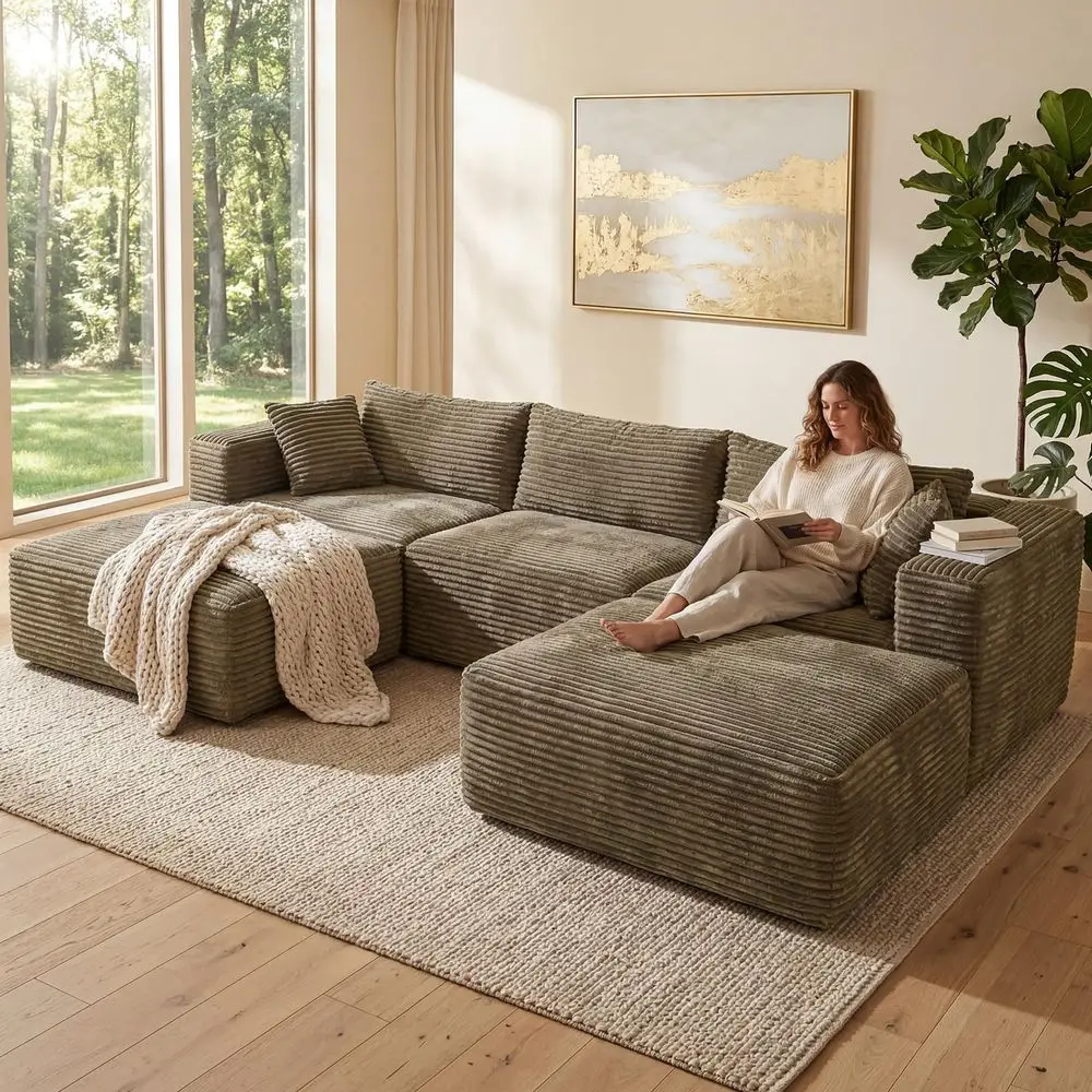 

Modular Sectional Sofa with Ottoman, Modern L UShape Boneless couches for Living Room, Corduroy Memory Sofa with Deep Seat Clou