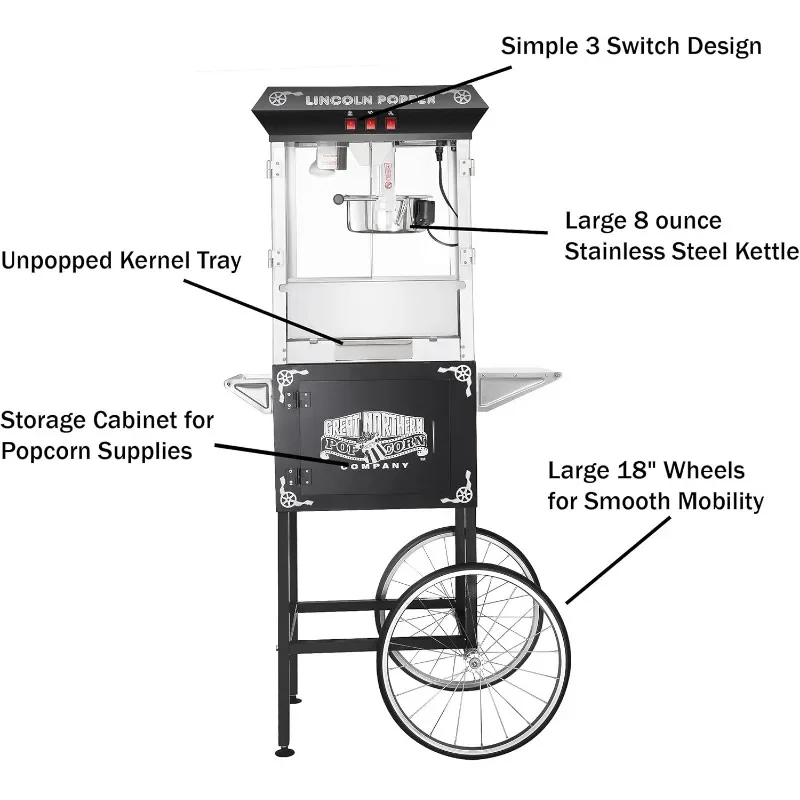 Macchina per popcorn Lincoln con carrello - Popper da 8 once con bollitore in acciaio inossidabile, luce riscaldante