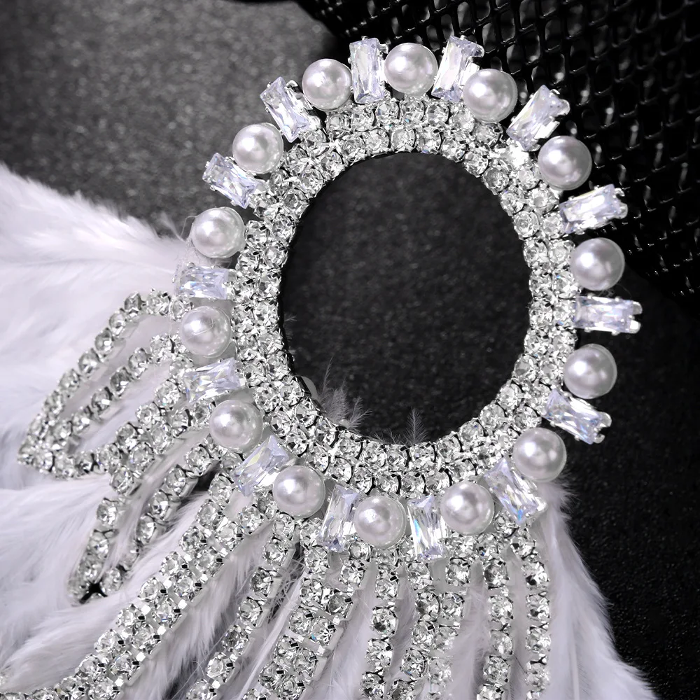 Stonefans Bohemian Earrings for Women Luxury Designer Piercing Rhinestone Fashion Wedding Bride Feather Exaggerated Earrings