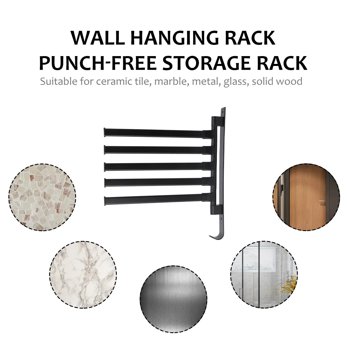 

1Pcs Space Saving Towel Rack Black Aluminum Alloy Rotatable Wall Mounted No Punch Required Bathroom Kitchen Multi Use Holder
