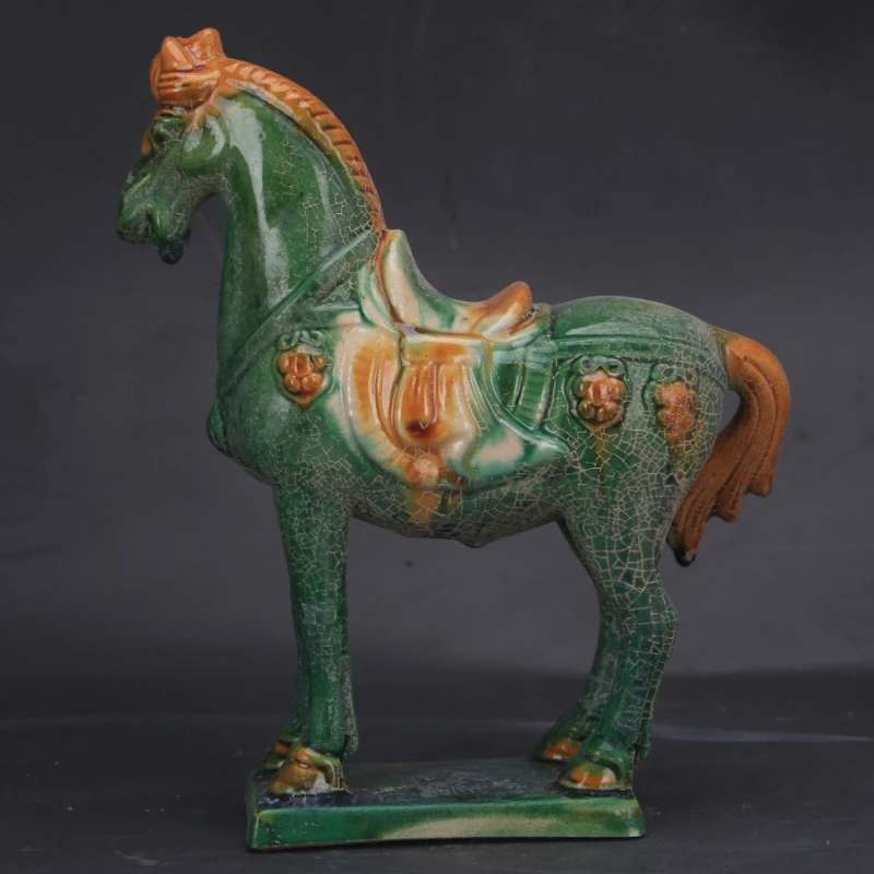 Tang Sancai Home Retro Old Objects Collection Decoration Tibetan Green Glaze Colored Head-up Horse Antique Porcelain Ornaments