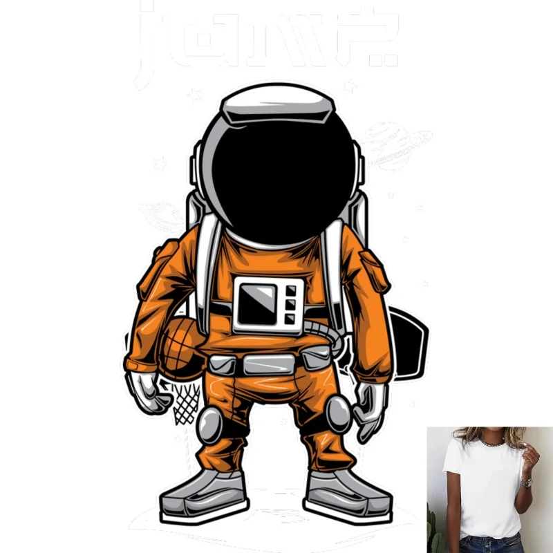 Trendy Astronaut Basketball - Themed Heat - Transfer White Ink Iron - on Patch, Suitable for T - Shirts, Canvas Bags, Casual &