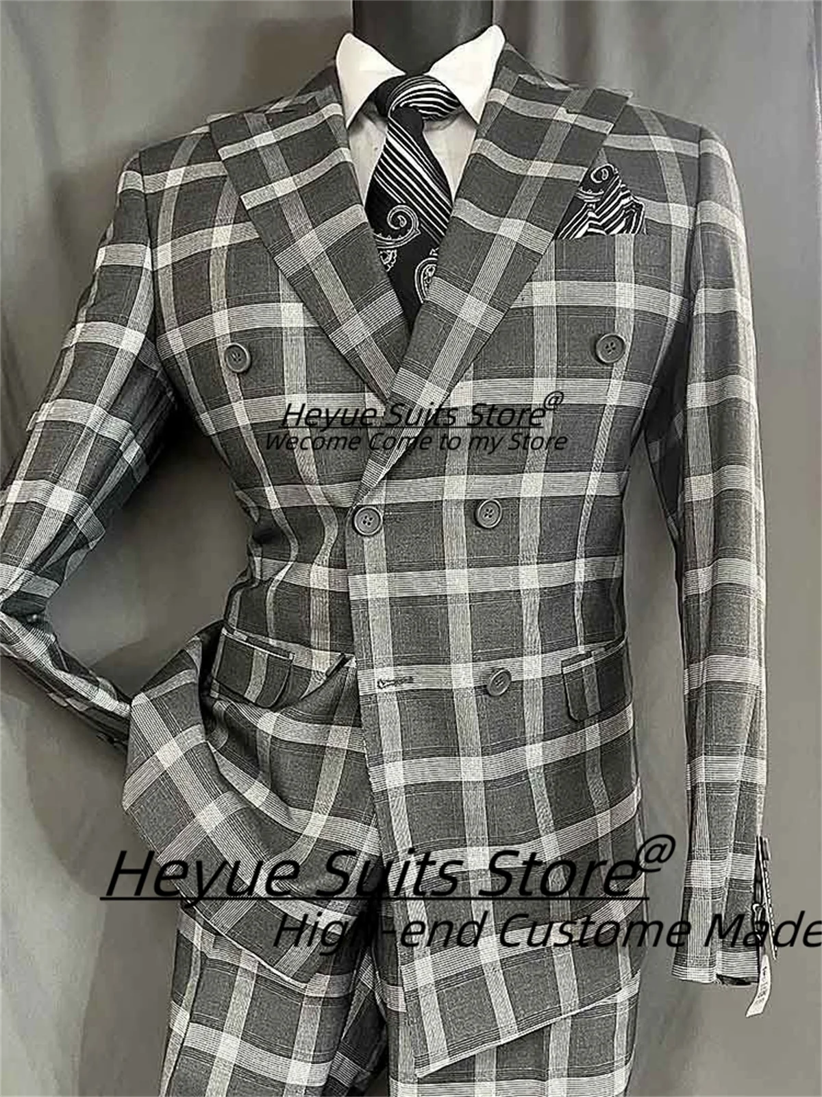 Business Gray Plaid Men Suits Customized Slim Fit Double Breasted Groom Wedding Tuxedos2Pcs Sets Male Formal Blazers Ropa Hombre