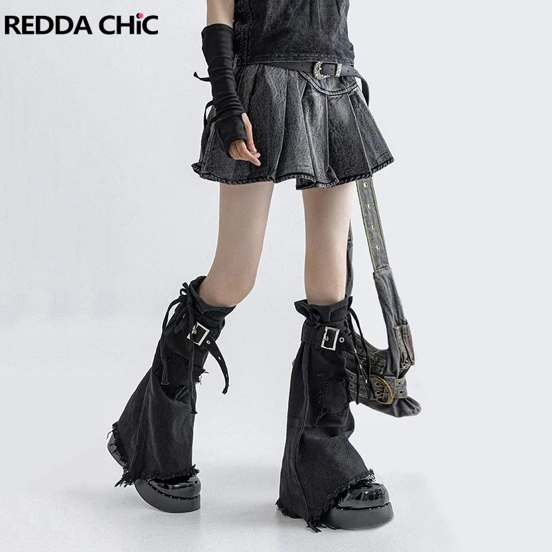 

REDDACHiC Raw Edge Star Black Leg Warmers Women Vintage Patchwork Boots Cover Belted Knee Long Socks Dark Punk Grunge Streetwear