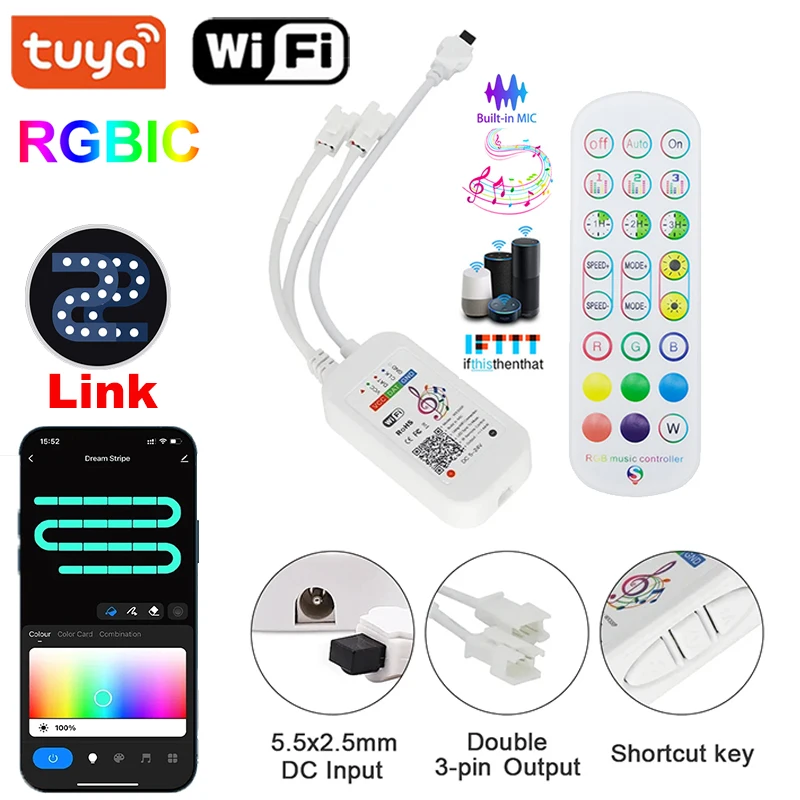 

Dream Color 24Key Tuya Wifi Music Led RGBIC Controller 5-24V Music Sync Contoller APP Party Light Dimmer For Magic Led Light