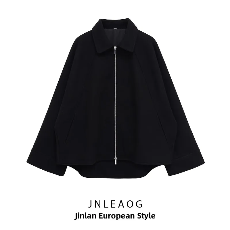 

JNLEAOG Faionable Wool Blend Zipper Jaet Women's Autumn New Sle All-Match Outerwear Stand Fit Polyester Fabric