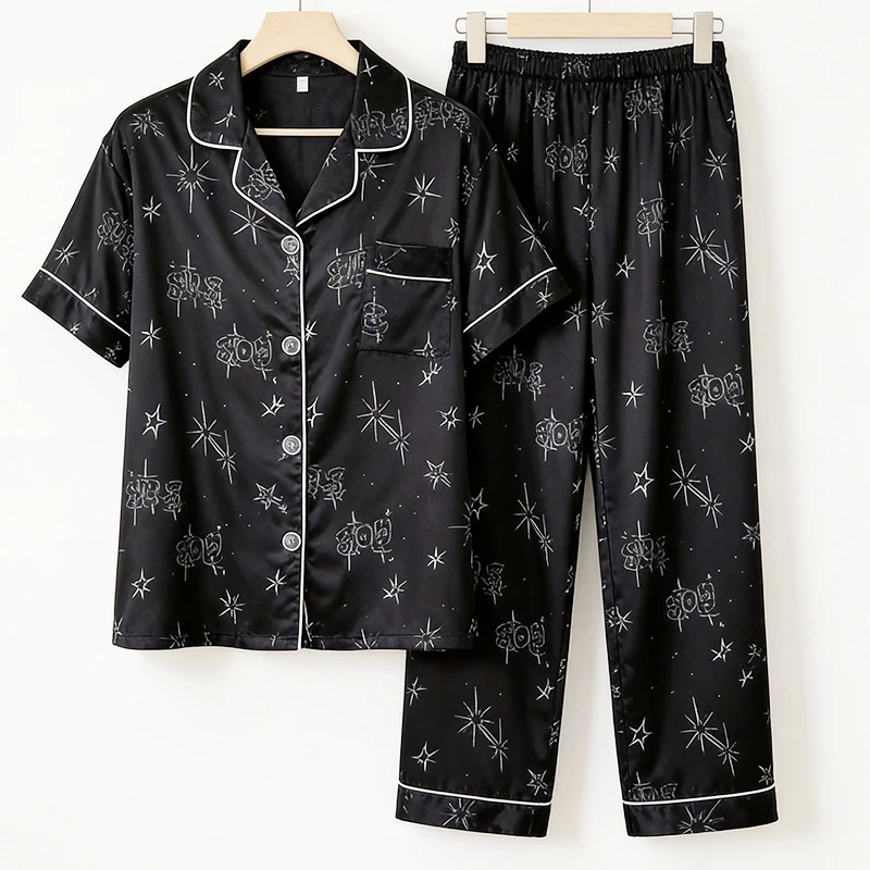 

Ins Style High-End Star Print Imitation Silk Sleepwear Short Sleeved Pants Black Set Student Casual Pajamas Homewear 2PCS/Set