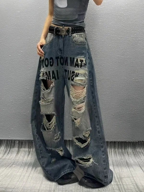 

Retro American Printed Hole Denim Pants Women Loose Casual Wide Leg Floor-Length Pants Summer New Arrival Casual Style High W...