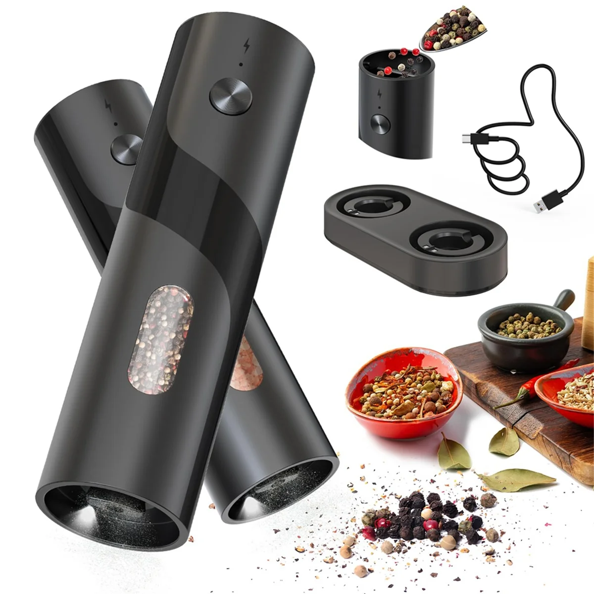 

AB51 Electric Rechargeable Salt and Pepper Grinder Set Top-Refill Automatic Pepper Mill Grinder with Charging Base