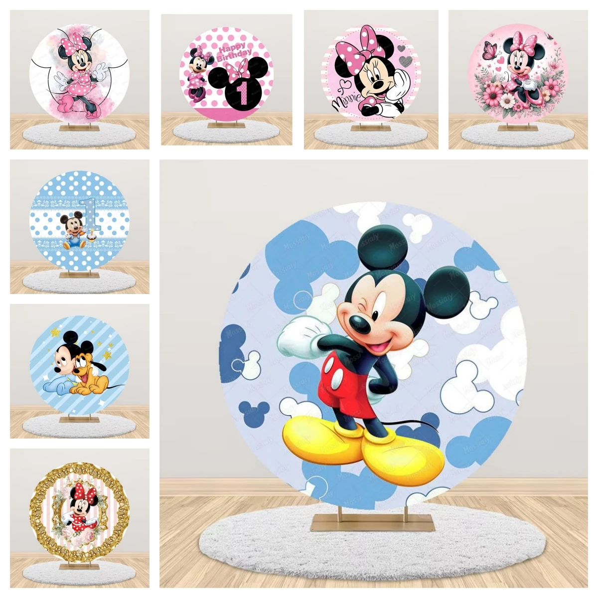 Fondo Redondo de Minnie Mouse con Flores, Decoración para Fiesta de Cumpleaños de Niña o Niño, Decoración para Baby Shower, Accesorios de Fotografía