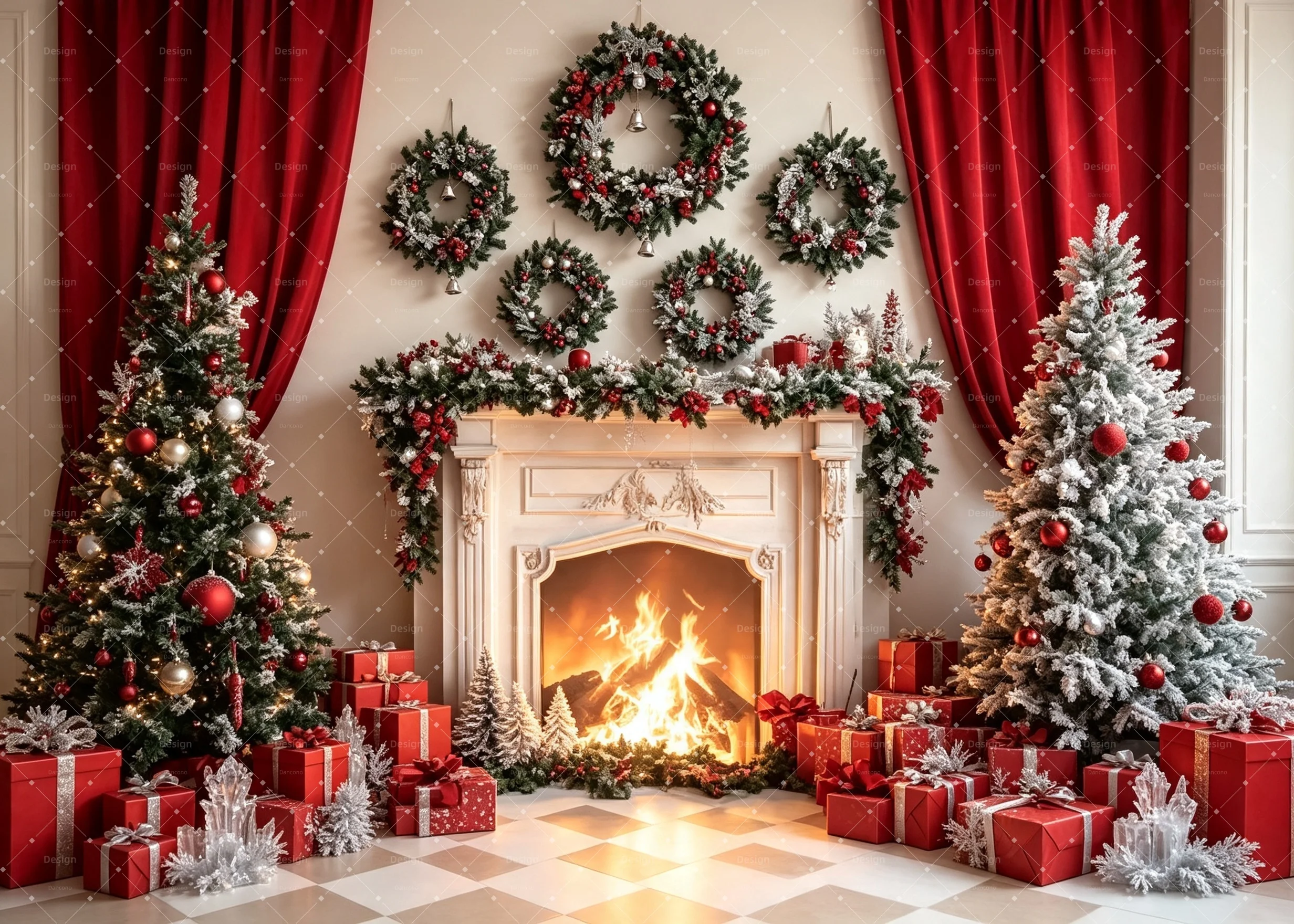 Red Curtain Christmas Photography Backdrop Floral Arch Wreath Fireplace Snow Pine Tree Red Gift Box Holiday Studio Decor Prop