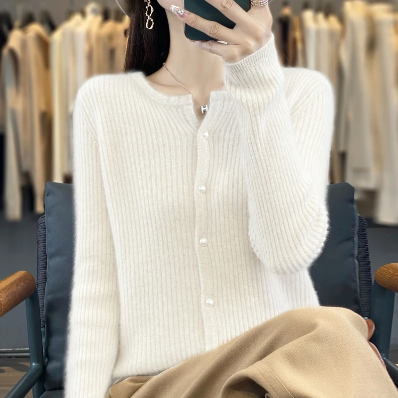

Women 100% Merino Wool Solid Color Cardigan With Buttons Cashmere Comfortable Long Sleeves Warm Soft Fashion Gentle Clothing Top