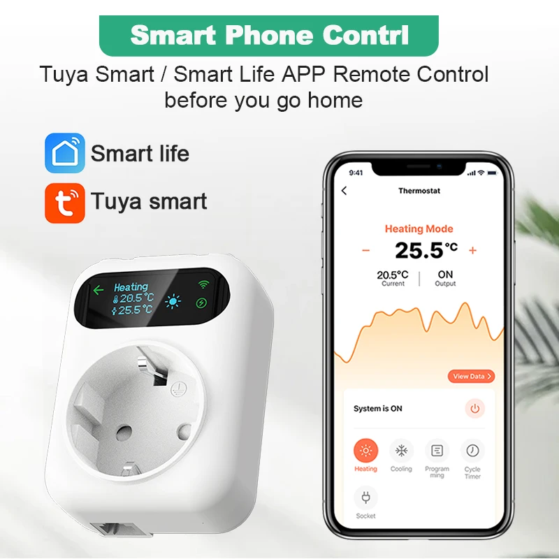 WiFi Tuya Socket Thermostat Outlet Plug Wireless Smart Socket Temperature Controller Timer Switch Cooling Heating Alexa Google