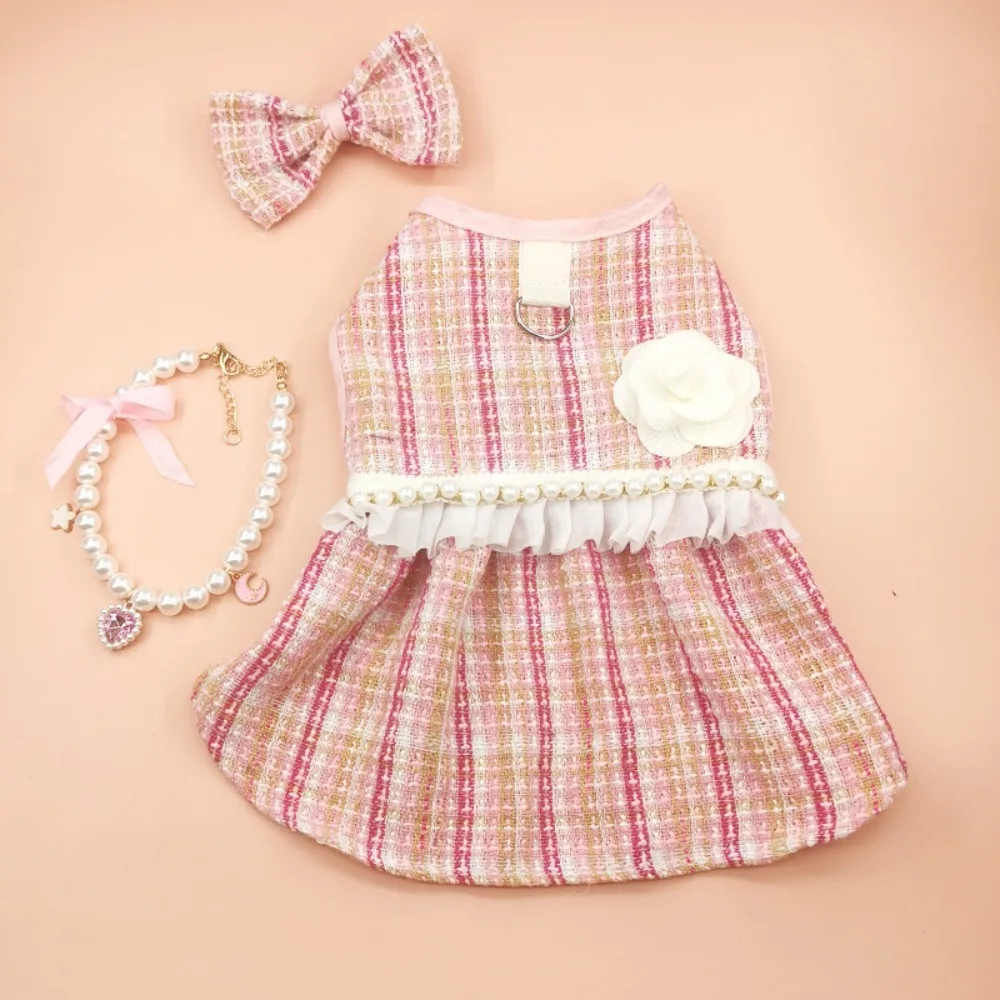

Pet Clothes Cute Puppy Plaid Dress Soft Thin Design Cat Bow Pearl Coat Breathable Pet Windbreaker Kittens