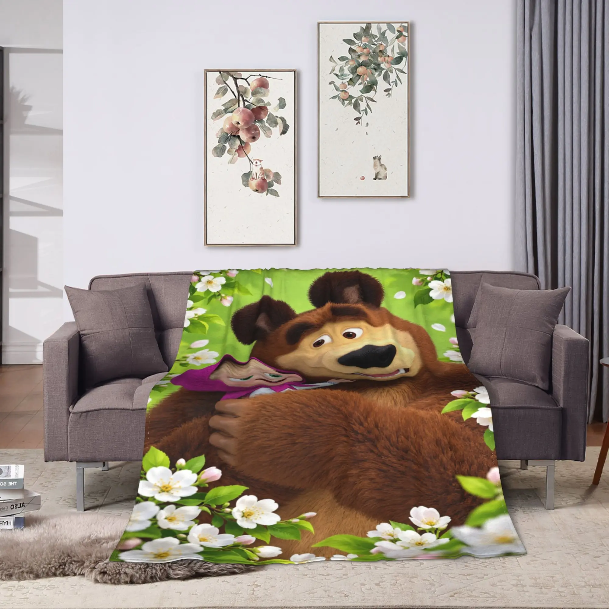 M-Mashas and B-Bears Flower Hug Flannel Blanket Winter Soft Durable Throw Blanket for Girls Boys Couch Chair Bedspread Bed Cover