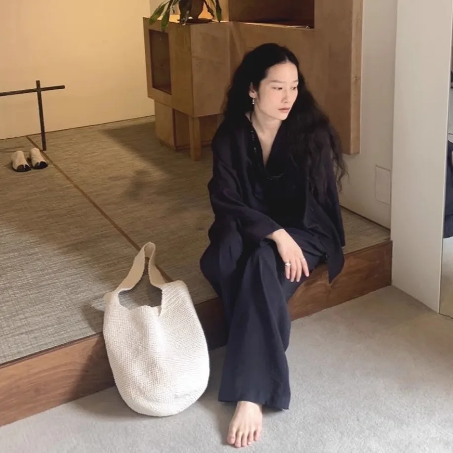 Sommer 2022, neues Design, Moia Hangzhou Damen-Hose mit weitem Bein, hohe Taille, Leinen-Freizeithose, drapiert, gefaltet, koreanische Sle