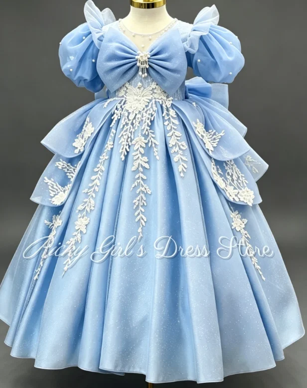 Princess Lovely Blue Flower Girl Dress With Short Puff Sleeve Lace Appliques Big Bow Layered For Birthday Wedding Customized