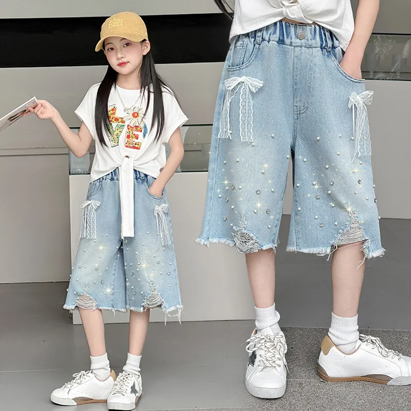 Summer Girls Lace Bow Denim Shorts Korean Fashion Teenage Ripped Hole Shorts Children's Clothing 4-14 Years