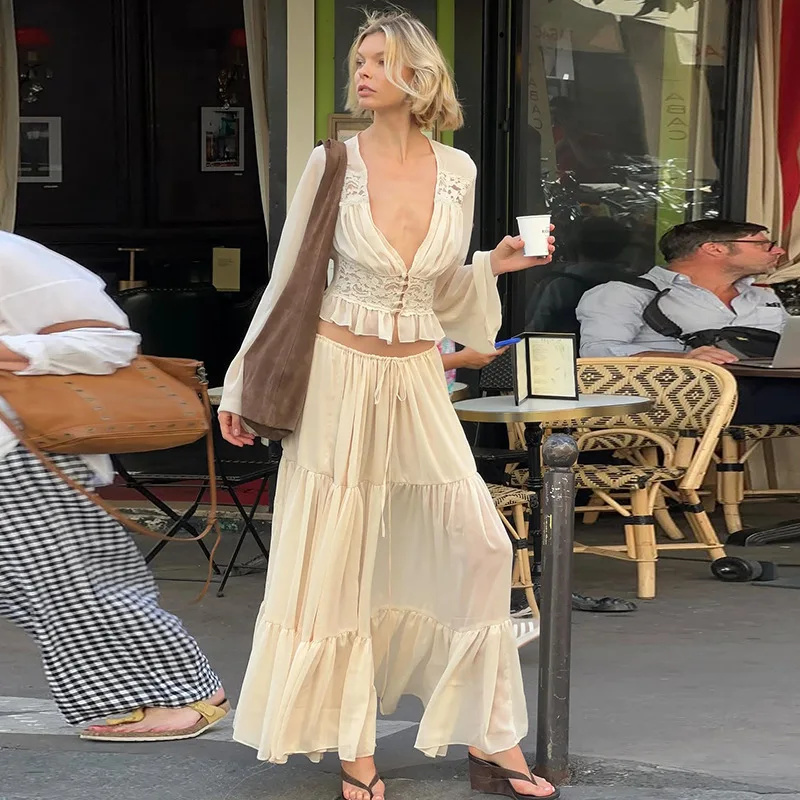 

Women's Two-piece Lace Top Loose See-through Strappy Long Skirt 2026 Fashionable New Sexy Chiffon Cardigan Solid Color Suit