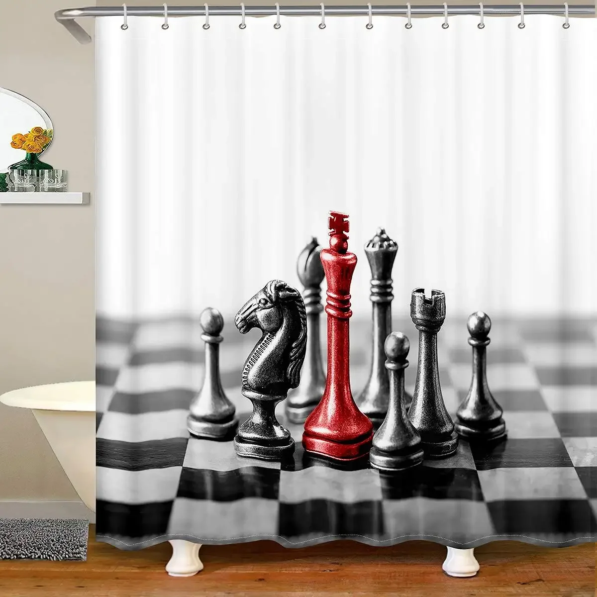 Chess Shower Curtain Horse Head International Chess Stripes Bathroom Curtains Chessboard Waterproof Board Game Bath Curtains Set